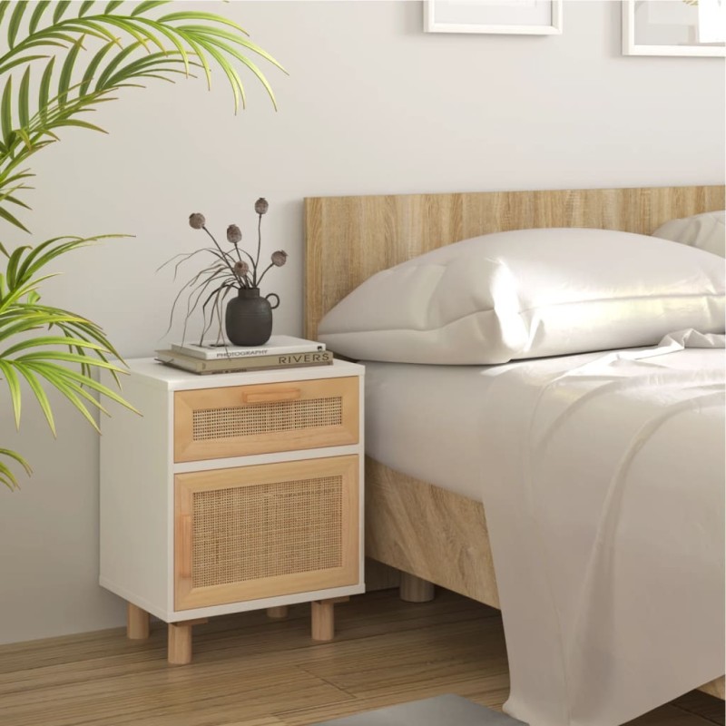 vidaXL Mesita de noche madera maciza pino blanca y ratán natural vidaXL Mesita de noche madera maciza pino blanca y ratán natural