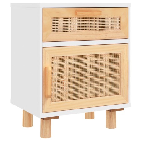 vidaXL Mesita de noche madera maciza pino blanca y ratán natural