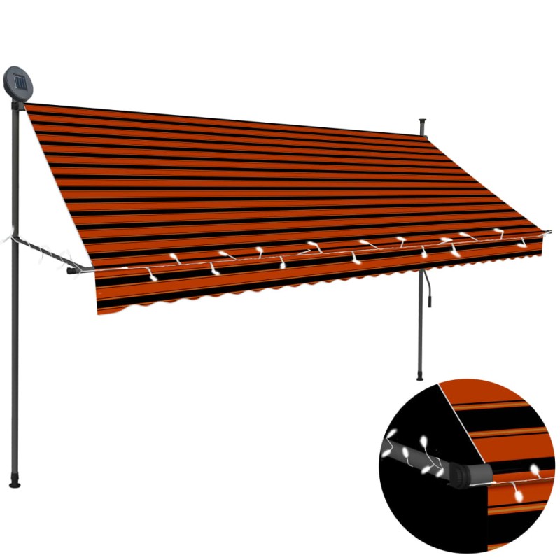 vidaXL Toldo manual retráctil con LED naranja y marrón 300 cm vidaXL Toldo manual retráctil con LED naranja y marrón 300 cm