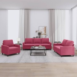 vidaXL Juego de sofás con cojines 3 piezas terciopelo rojo tinto