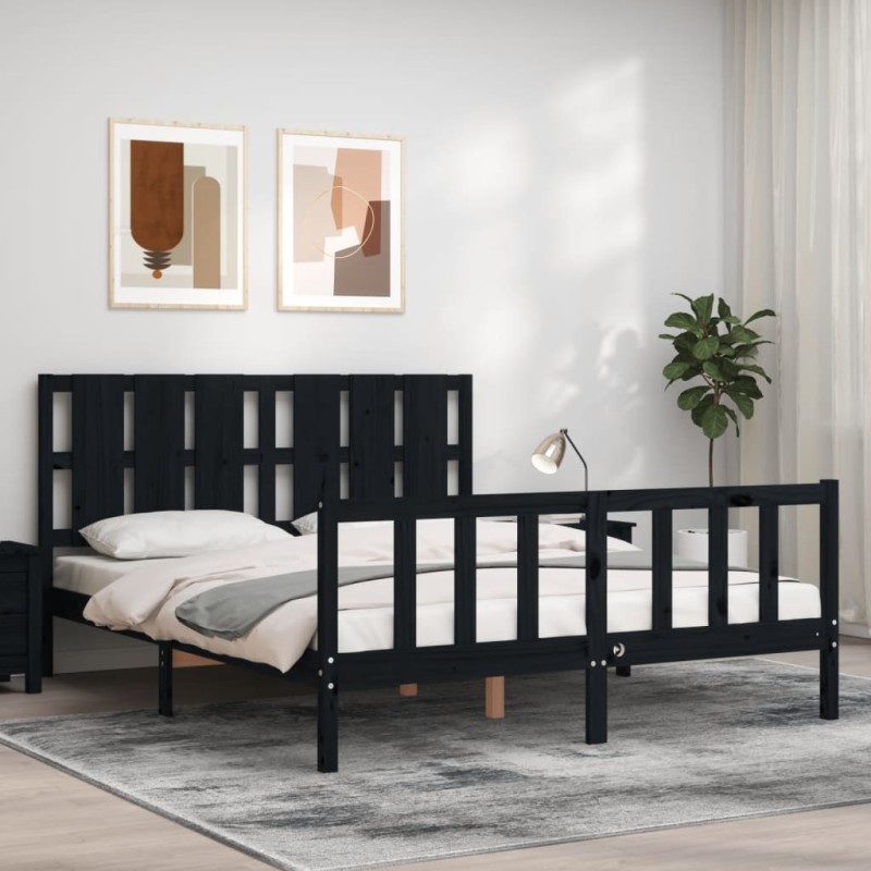vidaXL Estructura cama de matrimonio con cabecero madera maciza negro vidaXL Estructura cama de matrimonio con cabecero madera maciza negro