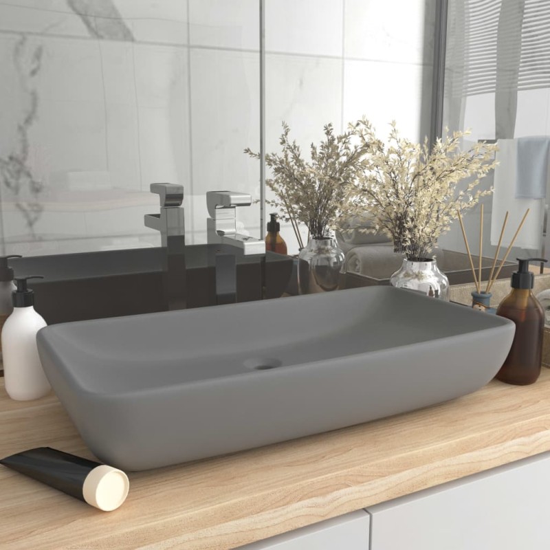 vidaXL Lavabo de lujo de cerámica rectangular gris claro mate 71x38 cm vidaXL Lavabo de lujo de cerámica rectangular gris claro mate 71x38 cm