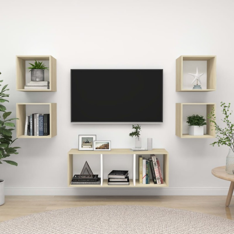 vidaXL Muebles de salón 5 pzas madera ingeniería blanco y roble Sonoma vidaXL Muebles de salón 5 pzas madera ingeniería blanco y roble Sonoma
