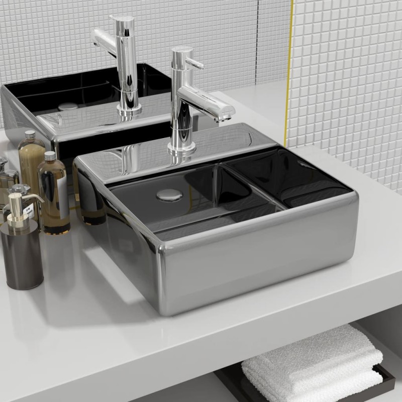 vidaXL Lavabo con orificio para grifo 38x30x11,5 cm cerámica plateado