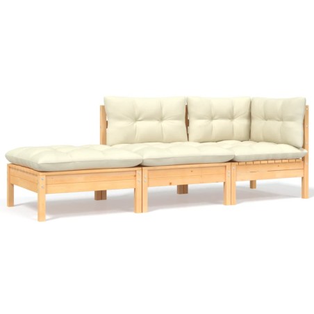 vidaXL Muebles de jardín 3 piezas madera maciza pino con cojines crema