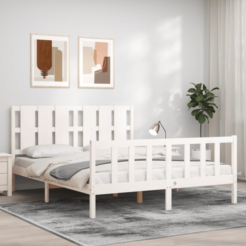 vidaXL Estructura de cama con cabecero madera maciza blanco 160x200 cm vidaXL Estructura de cama con cabecero madera maciza blanco 160x200 cm
