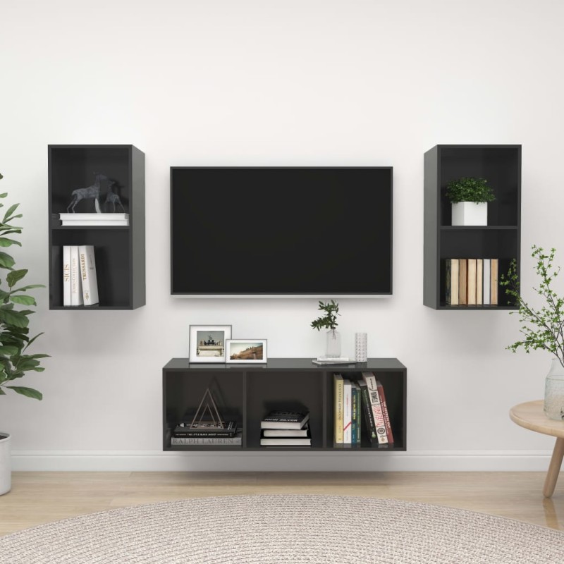 vidaXL Muebles de salón 3 piezas madera de ingeniería gris con brillo