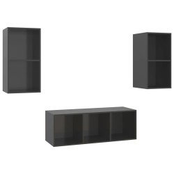 vidaXL Muebles de salón 3 piezas madera de ingeniería gris con brillo