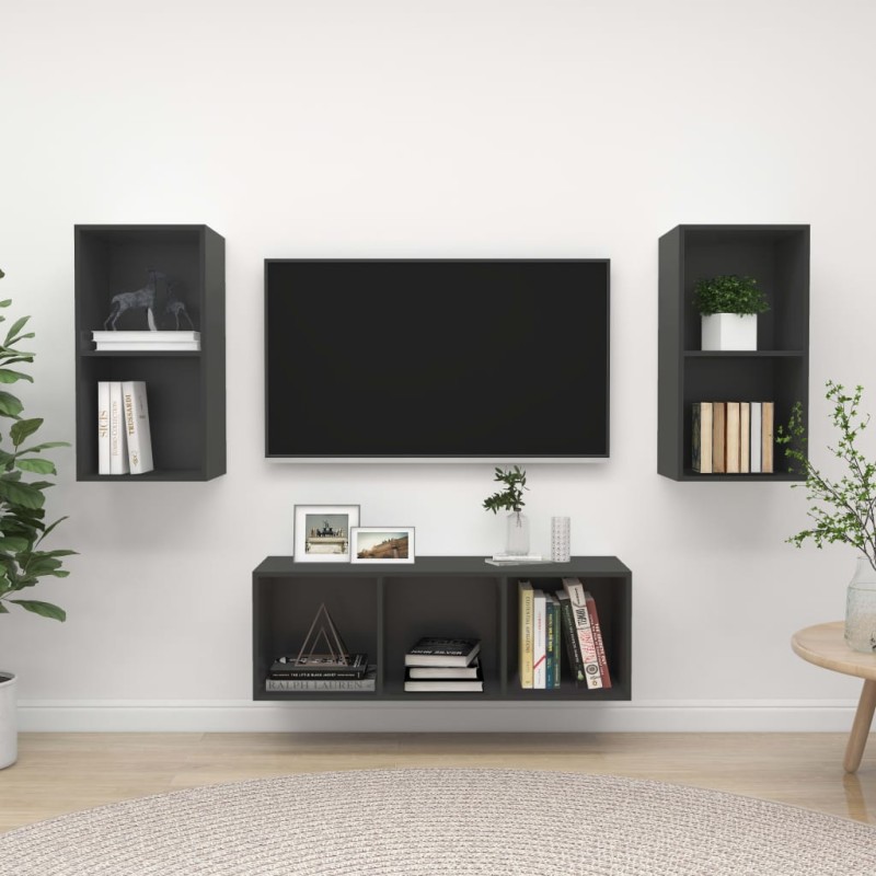 vidaXL Juego de muebles de salón 3 piezas madera de ingeniería gris vidaXL Juego de muebles de salón 3 piezas madera de ingeniería gris