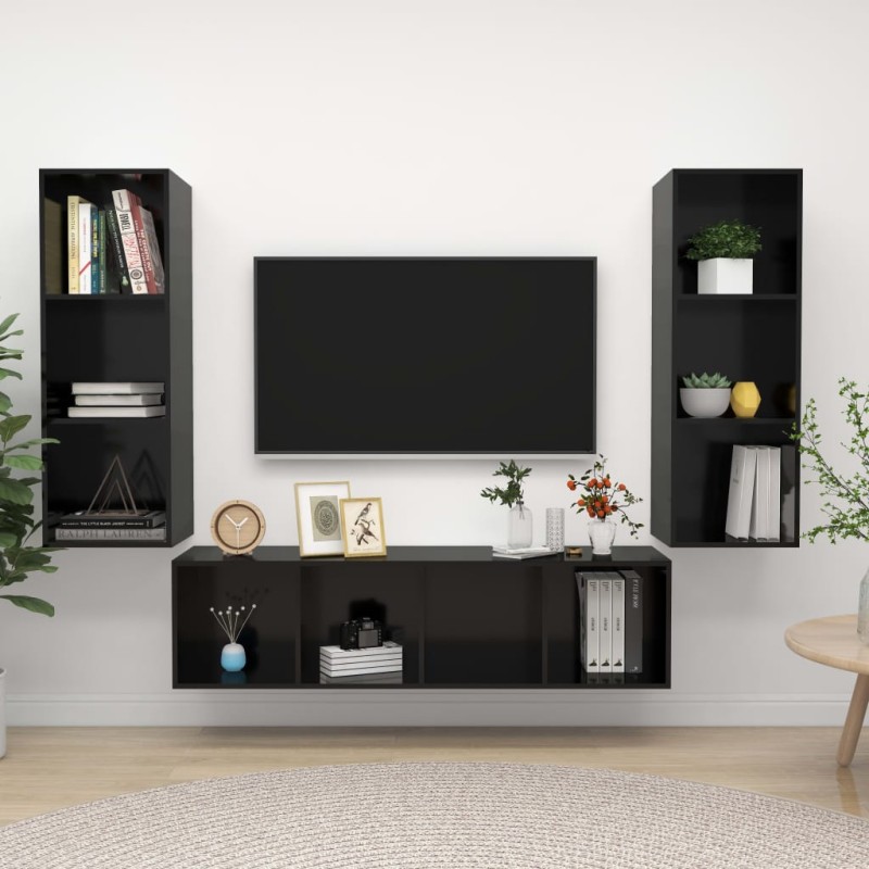 vidaXL Muebles de salón 3 piezas madera de ingeniería negro con brillo vidaXL Muebles de salón 3 piezas madera de ingeniería negro con brillo
