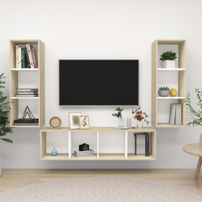 vidaXL Muebles de salón 3 pzas madera ingeniería blanco y roble Sonoma
