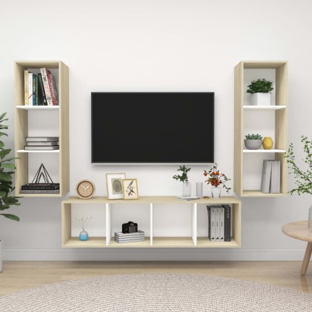 vidaXL Muebles de salón 3 pzas madera ingeniería blanco y roble Sonoma