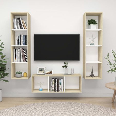 vidaXL Muebles de salón 3 pzas madera ingeniería blanco y roble Sonoma
