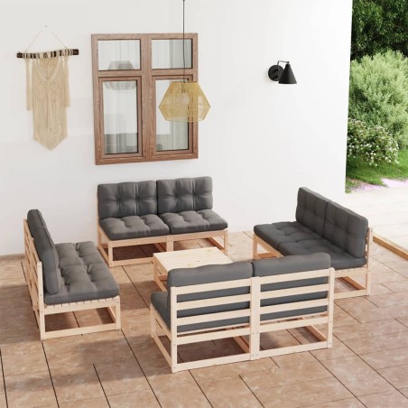 vidaXL Juego de muebles de jardín 9 pzas y cojines madera pino maciza