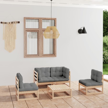 vidaXL Juego de muebles de jardín 5 pzas y cojines madera pino maciza