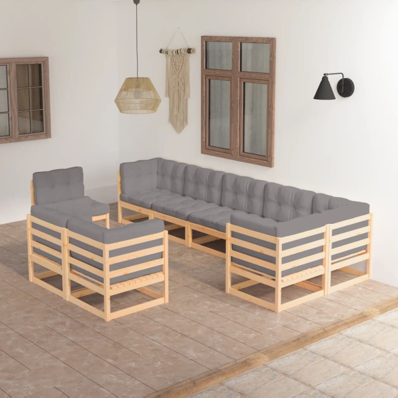 vidaXL Juego de muebles de jardín 9 pzas y cojines madera maciza pino vidaXL Juego de muebles de jardín 9 pzas y cojines madera maciza pino
