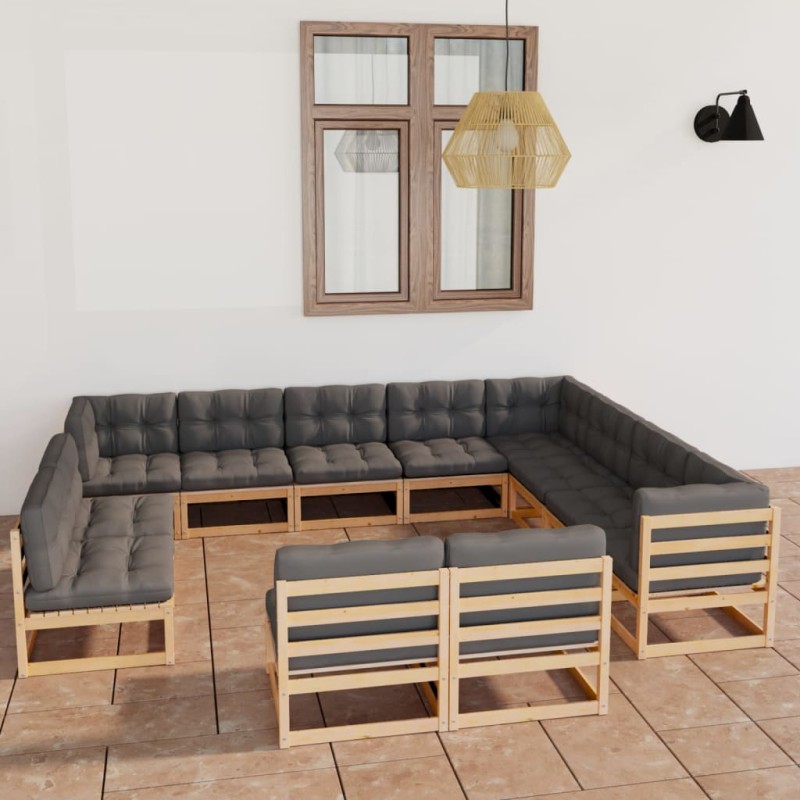 vidaXL Juego de muebles de jardín 12 pzas y cojines madera maciza pino