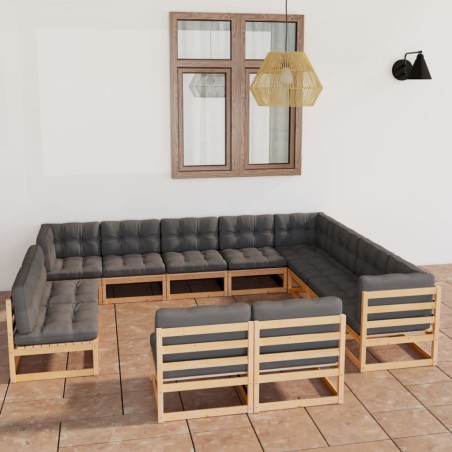 vidaXL Juego de muebles de jardín 12 pzas y cojines madera maciza pino