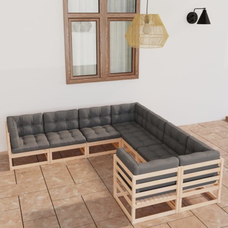 vidaXL Muebles de jardín 8 pzas y cojines madera maciza pino