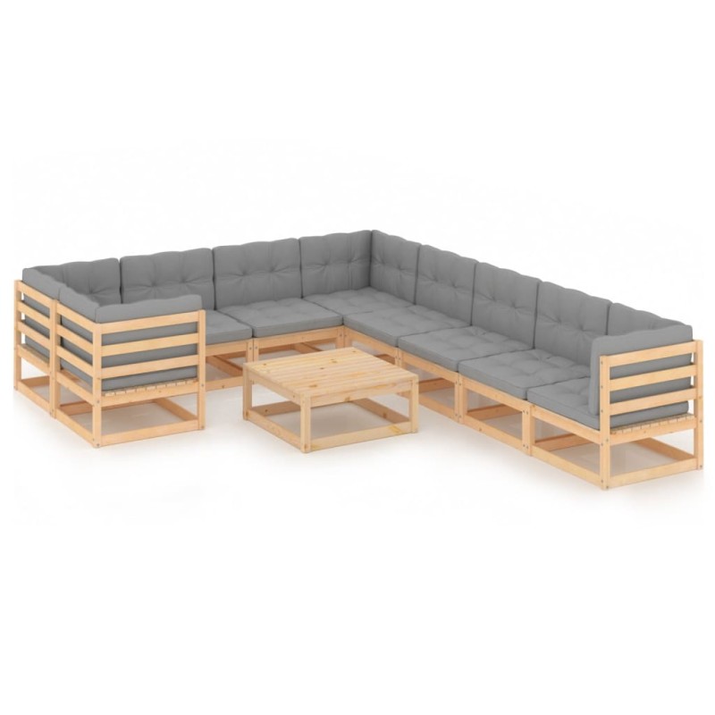vidaXL Juego de muebles de jardín 10 pzas y cojines madera maciza pino vidaXL Juego de muebles de jardín 10 pzas y cojines madera maciza pino