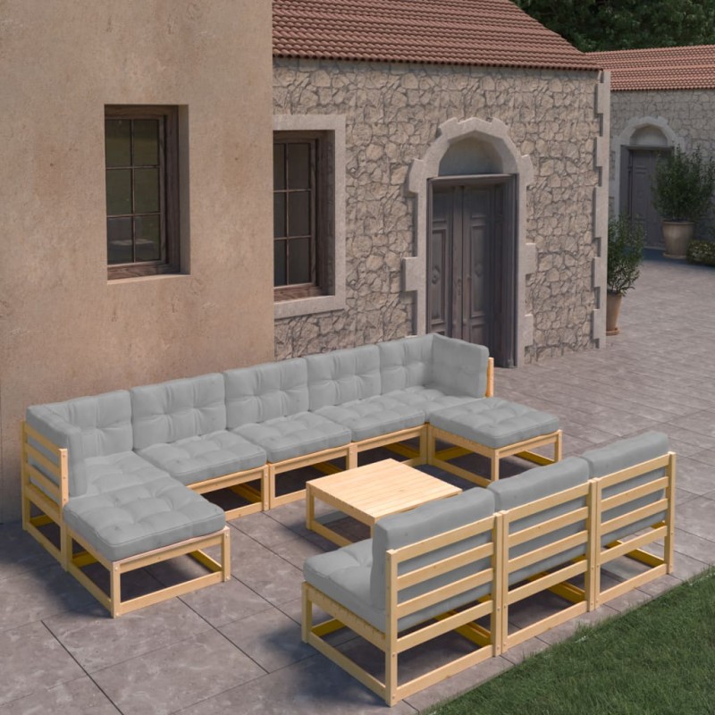 vidaXL Juego de muebles de jardín 11 pzas y cojines madera maciza pino vidaXL Juego de muebles de jardín 11 pzas y cojines madera maciza pino