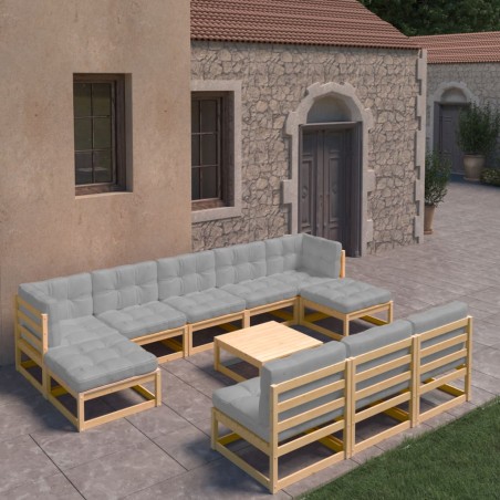 vidaXL Juego de muebles de jardín 11 pzas y cojines madera maciza pino