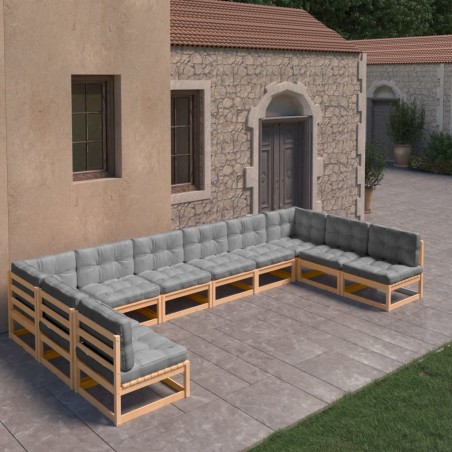 vidaXL Juego de muebles de jardín 10 pzas y cojines madera maciza pino