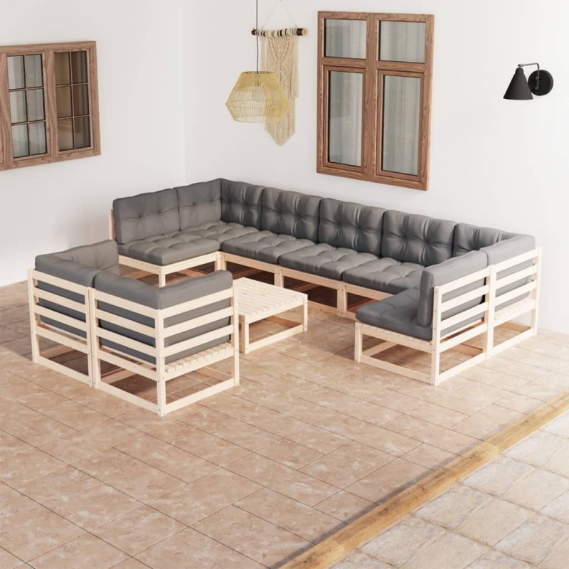 vidaXL Juego de muebles de jardín 10 pzas y cojines madera maciza pino vidaXL Juego de muebles de jardín 10 pzas y cojines madera maciza pino