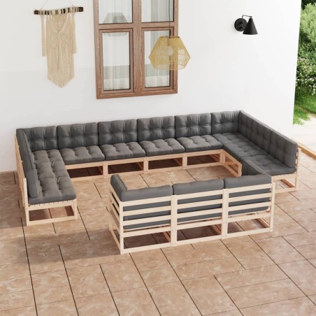 vidaXL Juego de muebles de jardín 13 pzas y cojines madera maciza pino