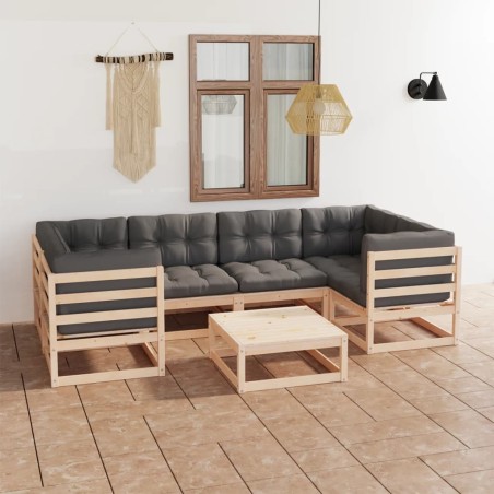 vidaXL Juego de muebles de jardín 7 pzas y cojines madera maciza pino