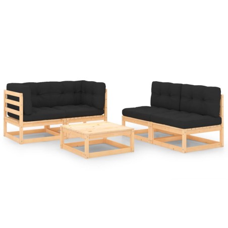 vidaXL Juego de muebles de jardín 5 pzas y cojines madera maciza pino
