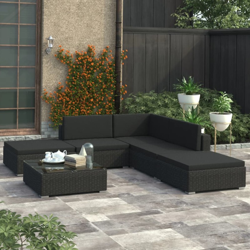 vidaXL Set muebles de jardín 6 piezas y cojines ratán sintético negro vidaXL Set muebles de jardín 6 piezas y cojines ratán sintético negro