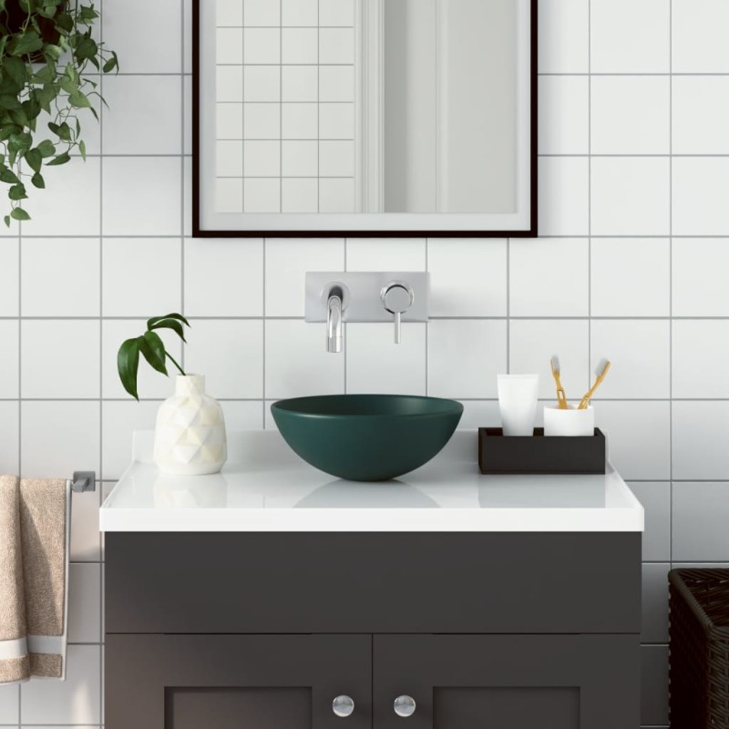 vidaXL Lavabo de cuarto de baño redondo cerámica verde oscuro vidaXL Lavabo de cuarto de baño redondo cerámica verde oscuro