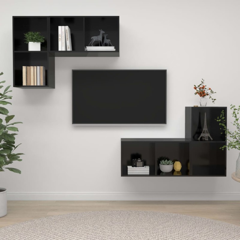 vidaXL Muebles de salón de pared 4 pzas madera ingeniería negro brillo