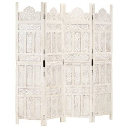 vidaXL Biombo 4 paneles tallado a mano madera mango blanco 160x165 cm