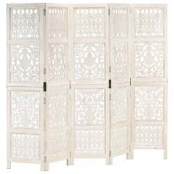 vidaXL Biombo 5 paneles tallado a mano madera mango blanco 200x165 cm