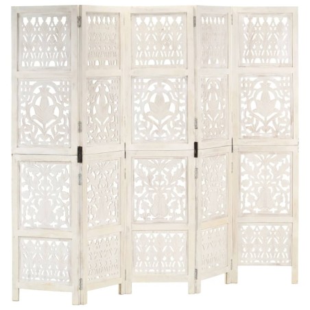 vidaXL Biombo 5 paneles tallado a mano madera mango blanco 200x165 cm
