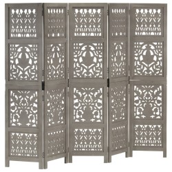 vidaXL Biombo 5 paneles tallado a mano madera de mango gris 200x165 cm