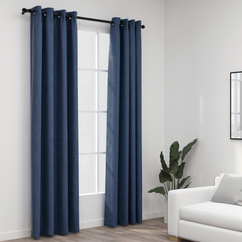 vidaXL Cortinas opacas con ojales look de lino 2 pzas azul 140x225 cm vidaXL Cortinas opacas con ojales look de lino 2 pzas azul 140x225 cm