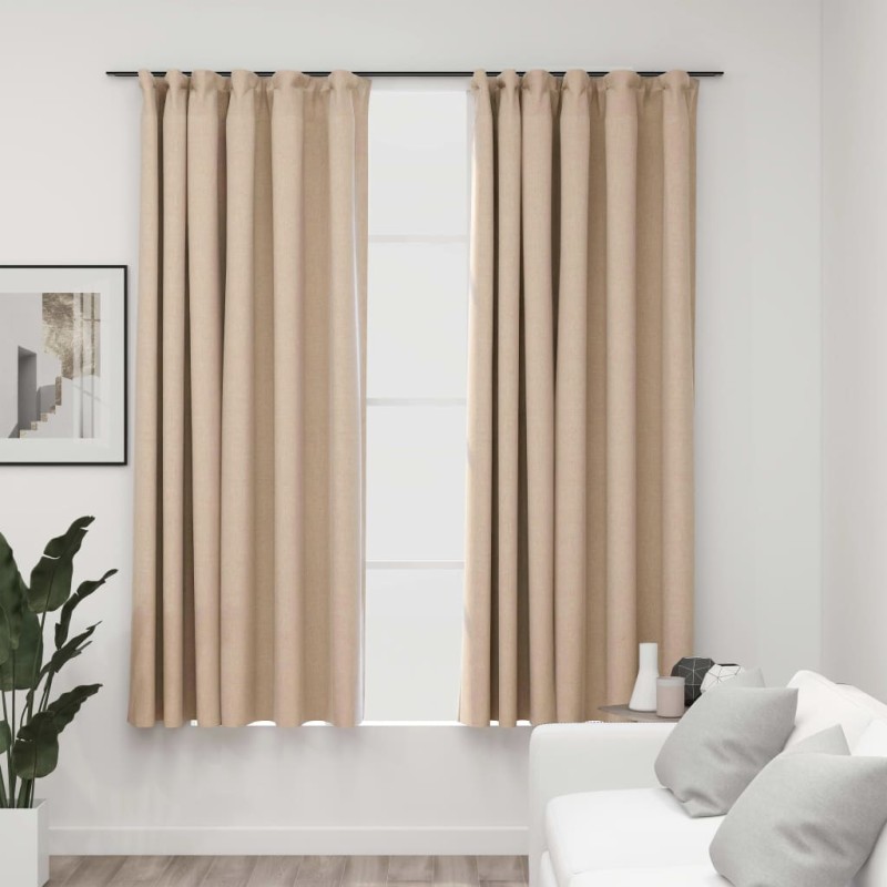 vidaXL Cortinas opacas con ganchos look de lino 2 pzas beige 140x175cm