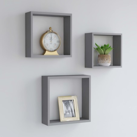 vidaXL Estantes cubo de pared 3 unidades MDF gris