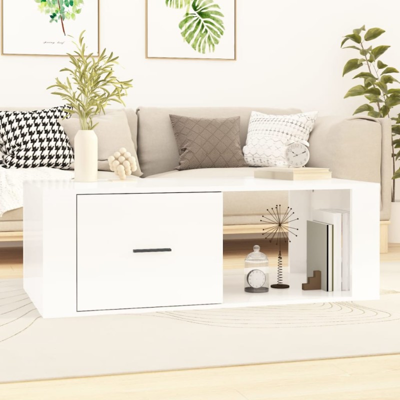 vidaXL Mesa de centro madera contrachapada blanco brillo 100x50,5x35cm vidaXL Mesa de centro madera contrachapada blanco brillo 100x50,5x35cm