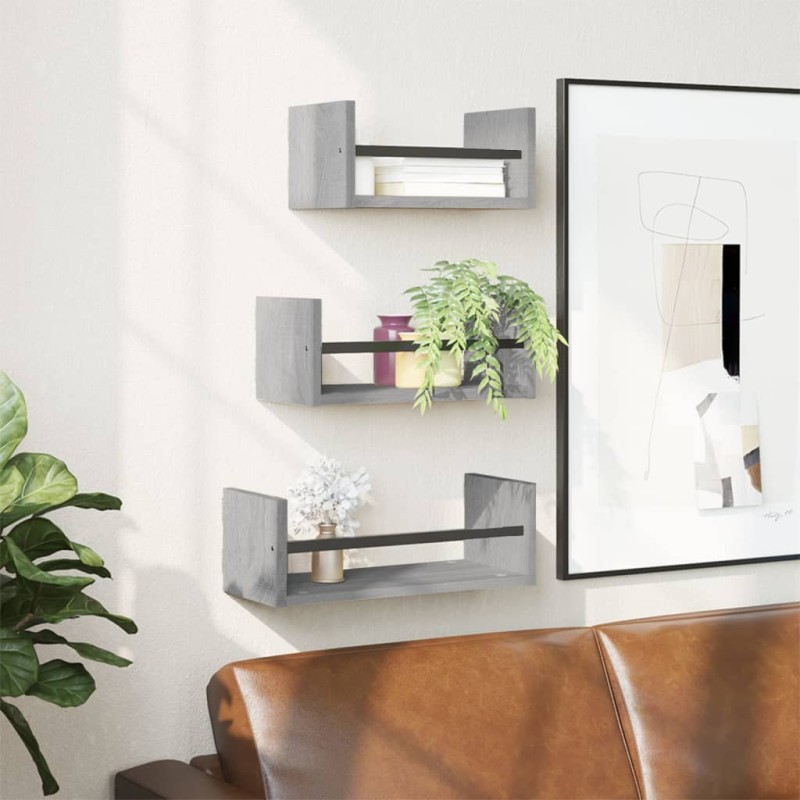 vidaXL Estantes pared con barras 3 pzas madera ingeniería gris Sonoma vidaXL Estantes pared con barras 3 pzas madera ingeniería gris Sonoma
