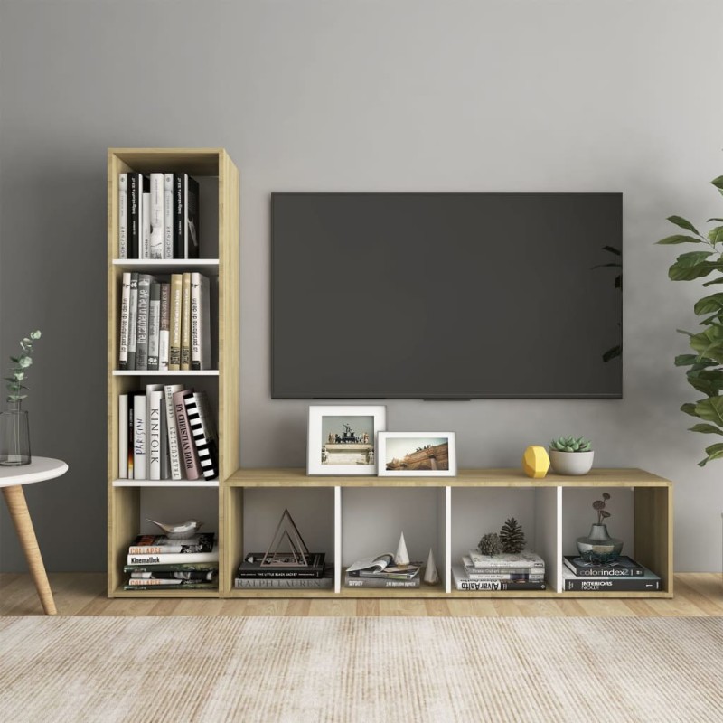 vidaXL Muebles de salón 2 pzas madera ingeniería blanco y roble Sonoma