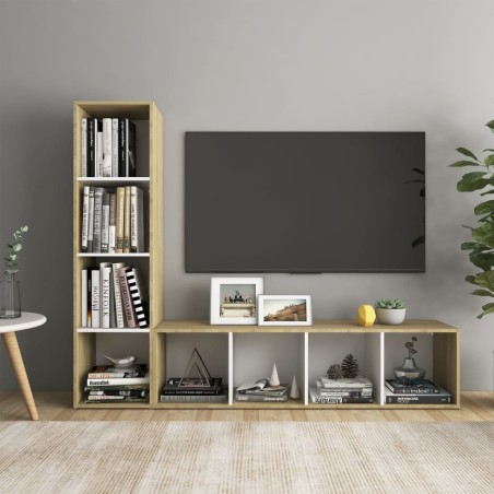 vidaXL Muebles de salón 2 pzas madera ingeniería blanco y roble Sonoma
