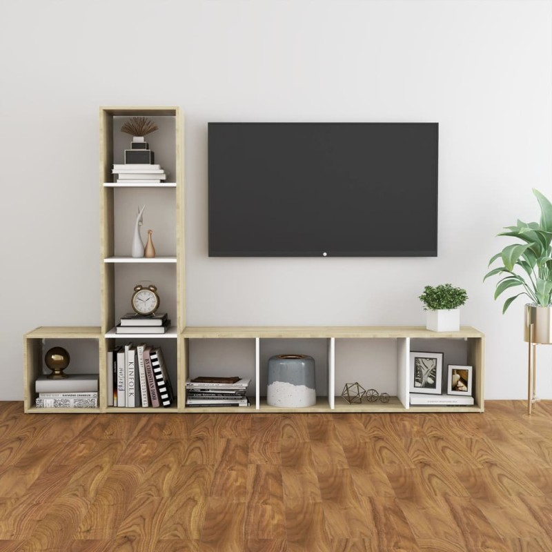 vidaXL Muebles de salón 3 pzas madera ingeniería blanco y roble Sonoma