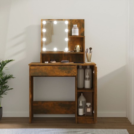 vidaXL Tocador con LED color roble ahumado 86,5x35x136 cm