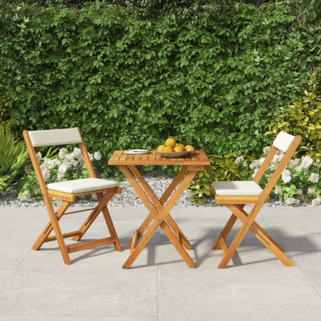 vidaXL Mesa y sillas plegables terraza 3 pzas y cojines madera acacia 
