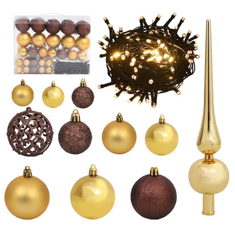 vidaXL Set de bolas de Navidad 61 pzas con pico 150 LED dorado bronce vidaXL Set de bolas de Navidad 61 pzas con pico 150 LED dorado bronce