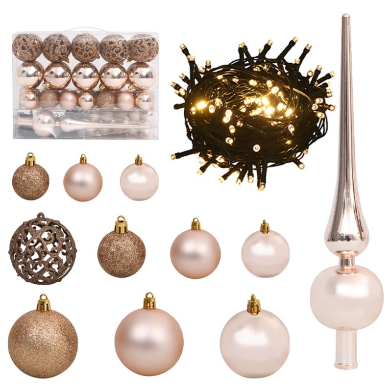 vidaXL Set de bolas de Navidad 61 pzas con pico 150 LED oro rosa vidaXL Set de bolas de Navidad 61 pzas con pico 150 LED oro rosa